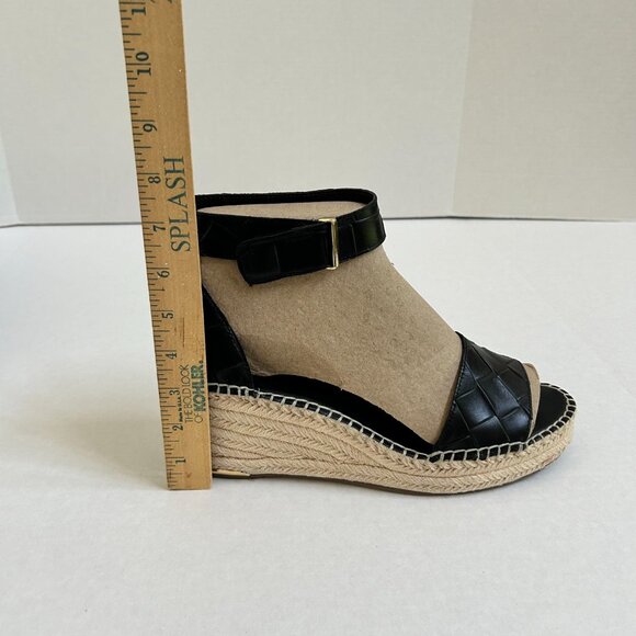 Size 11 Women's Black Leather Franco Sarto Clemens Wedge Espadrille Sandals - Picture 9 of 9